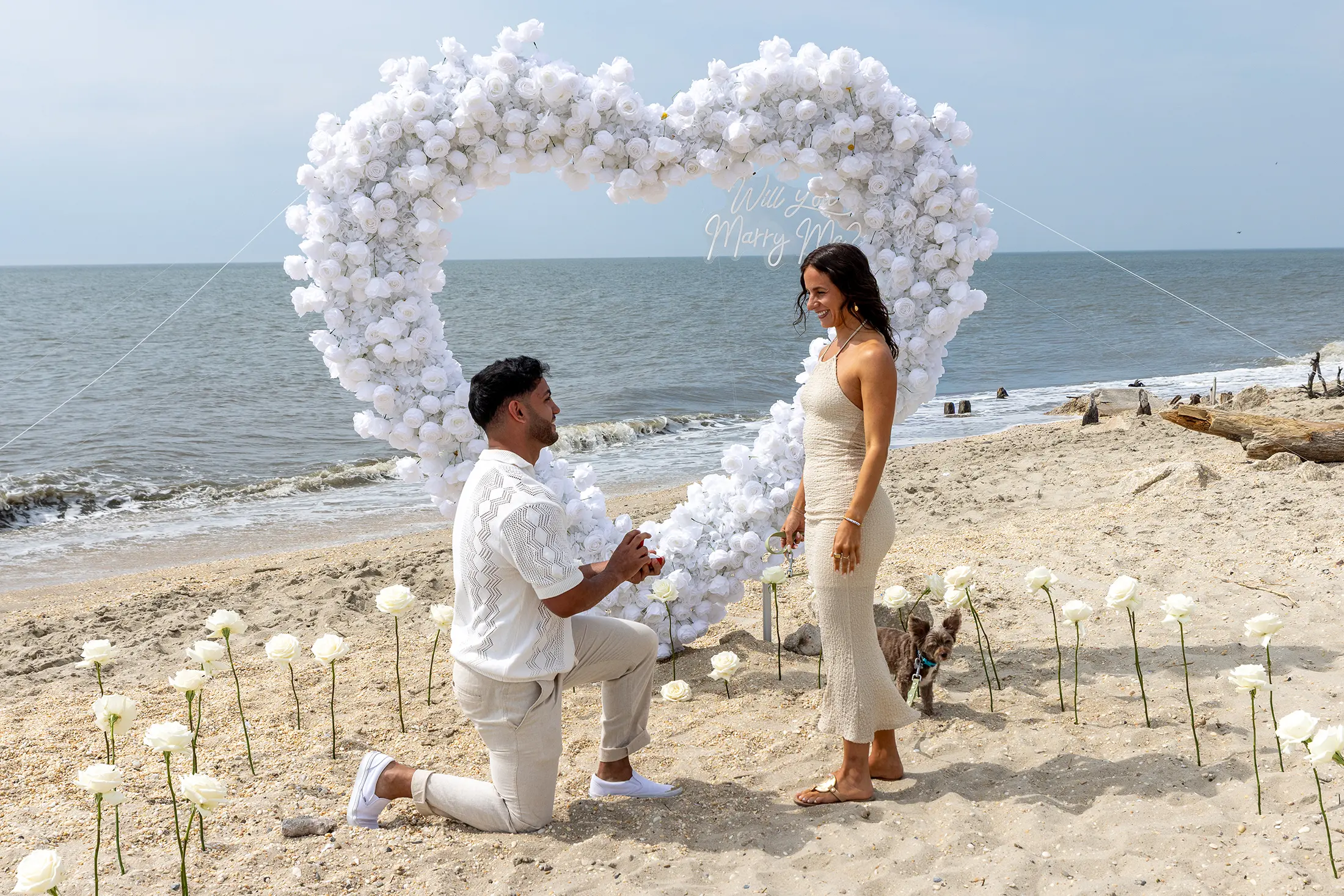 a young man presents a ring in a surprise proposal in Cape May